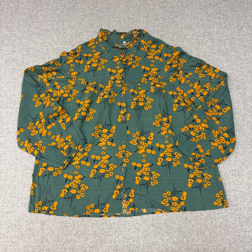 Unbranded Floral Blouse 3XL Green Yellow Ruffle Neck Button Up Long Sleeve Top